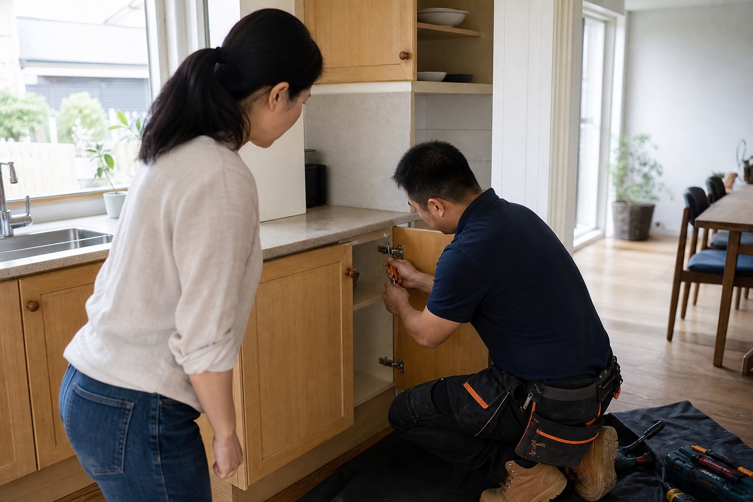 本地维修人员在住户家中修理橱柜